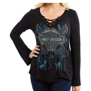 Harley-Davidson Women's Embellished Daisy Craze Long Sleeve V-neckTop Black XL